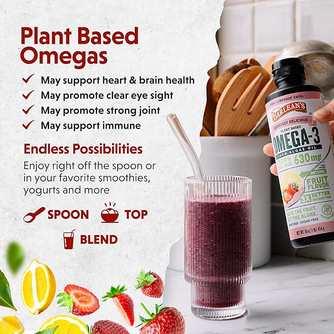 Barlean's Pink Lemonade Vegan Omega 3 Supplement Liquid Algae Oil with 630 mg EPA &amp DHA Plant Based Omegas from Algal Oil Non-GMO &amp Gluten Free 16 oz