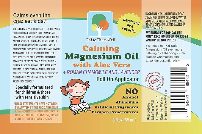 Magnesium Oil Calming Roll-On for Kids with Aloe Vera Roman Chamomile &amp Lavender Natural Relaxation Support for Anxiety Nervousness &amp Hyperactivity Gentle Formula for Daily Use 3 fl oz