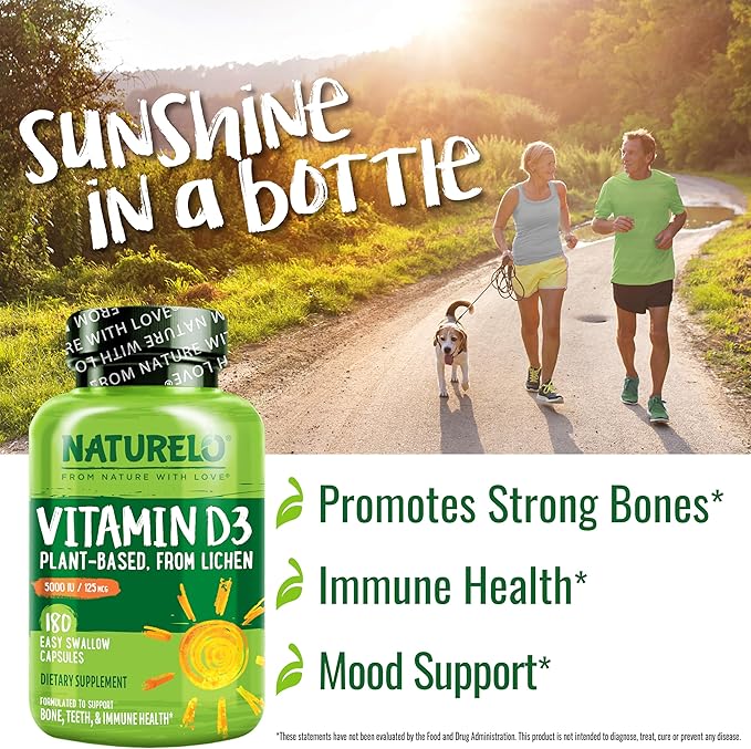 NATURELO Vitamin D - 5000 IU - Plant Based from Lichen - Natural D3 Supplement for Immune System Bone Support Joint Health - High Potency - Vegan - Non-GMO - Gluten Free - 180 Capsules (Pack of 2)