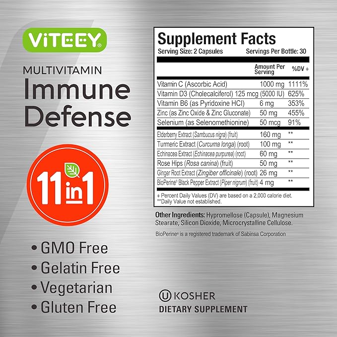 VITEEY 11 in 1 Immune Support Supplement - Immune Defense with Vitamin D3 B6 Echinacea Turmeric Rose-HIPS Selenium BioPerine Ginger Elderberry Vitamin C and Zinc - 120 Count