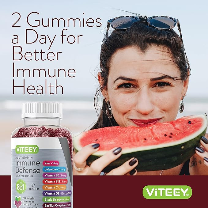 Viteey Multivitamin Gummies 8 in 1 Immune Support Supplement with Probiotics - Immune Boosters for Adults &amp Teens - Vegetarian Gelatin Free GMO Free - Chewable Berry Flavored Pectin Immune Defen