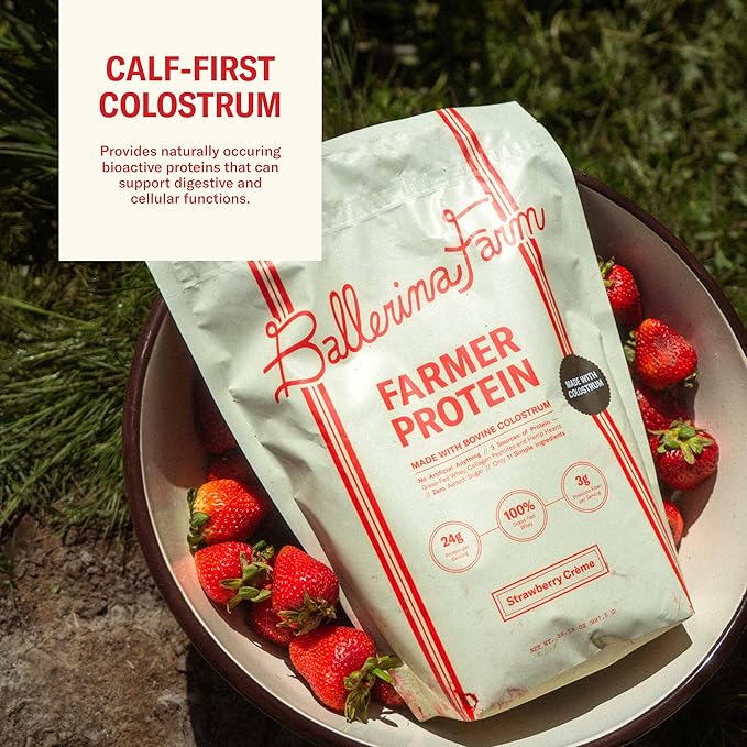 Ballerina Farm Grass Fed Whey Protein Powder Strawberry Crème 24g Protein with Collagen Peptides Bovine Colostrum Hemp Hearts Prebiotic Fiber No Added Sugar or Artificial Ingredients 20 Servings