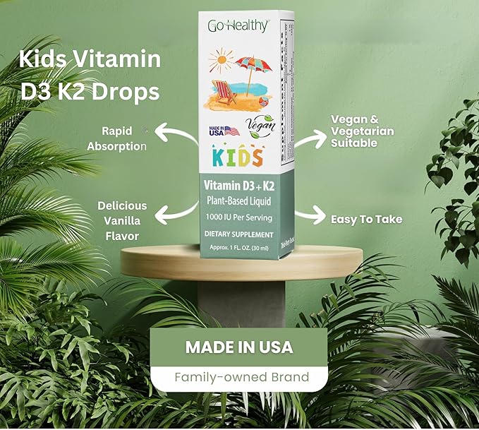 Go Healthy Kids Vitamins D3 K2 (MK-7) Child Vitamin D Liquid Vegan D3 K2 Drops for Kids Sugar-Free Easy-to-Absorb Children's Growth &amp Immune Support Vanilla Flavor - 30 Servings