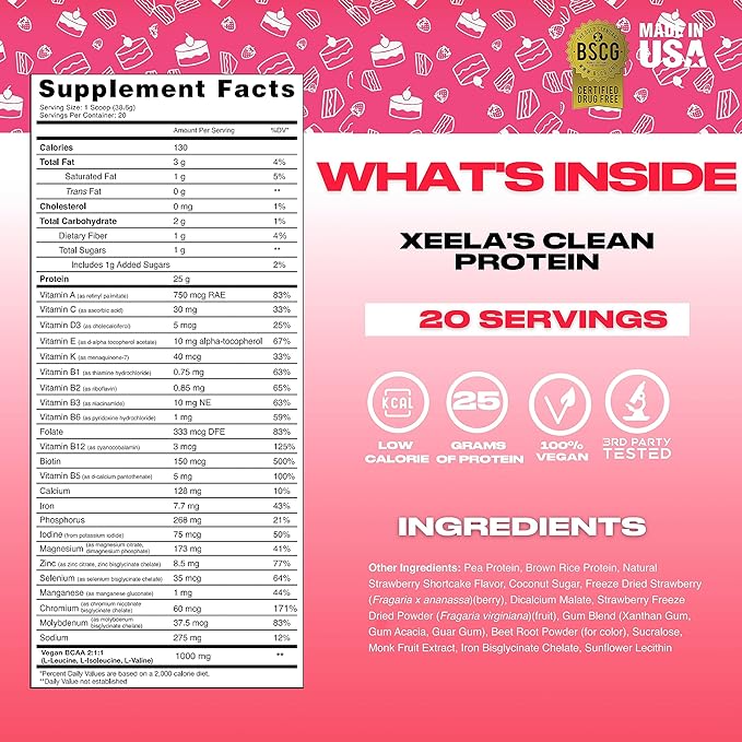 XEELA Plant Based Vegan Protein Powder - Independently Tested - 25g High Protein Pea Protein for Men &amp Women - Vitamins &amp Minerals Non GMO Dairy &amp Gluten Free LowCarb &amp LowFat (Str