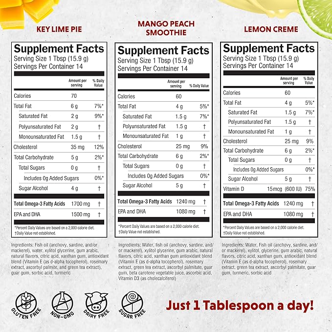 Barlean's Omega 3 Fish Oil Liquid Supplement for Men and Women 1500mg of EPA and DHA Fatty Acid Promotes Brain &amp Heart Health - Non-GMO Variety Pack 8 oz