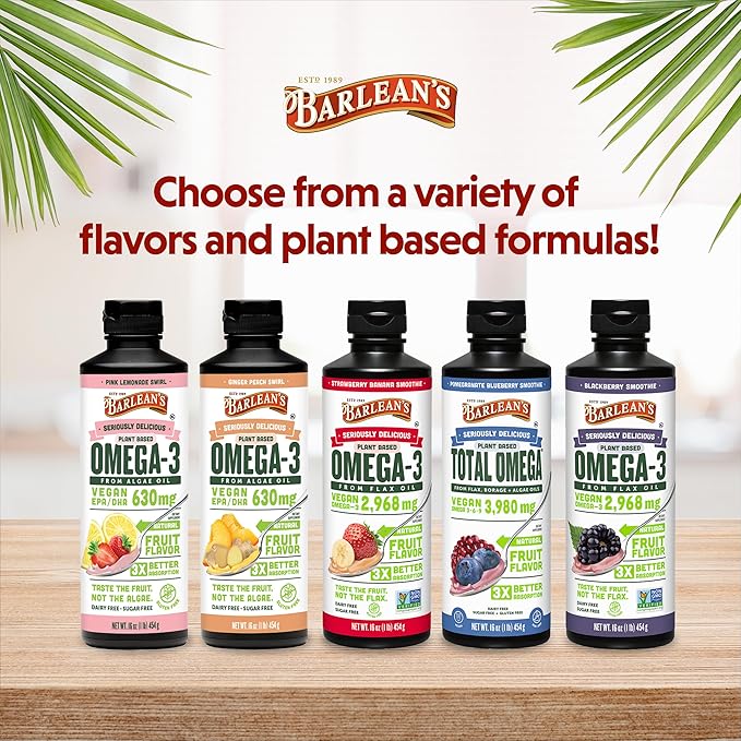 Barlean's Vegan Omega 3 6 9 Flaxseed Oil Liquid Supplement BlackBerry Smoothie Flax Seed Oil 2968 mg ALA Fatty Acid Non-GMO and Gluten Free 16 oz