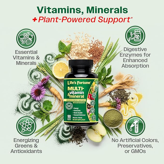 Life's Fortune Whole Food Multivitamin &amp Mineral Supplement for Men &amp Women – Energy Support Vitamins for Immune Brain &amp Metabolism Support – Iron Free 180 Vegetarian Tablets