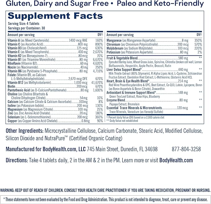 BodyHealth Multi Complete (120 Ct) Daily Multivitamin for Men and Women with Whole Foods Minerals Antioxidants Organic Green Food Concentrates and Liver Detox Extracts Non GMO