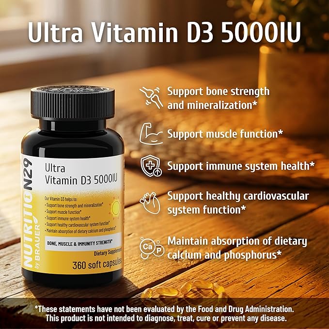 Vitamin D3 5000 IU (125 mcg) with USP-Grade Provitas® Vitamin D3 Dual Olive &amp MCT Oil for Enhanced Absorption Bone Muscle &amp Immune Support Non-GMO 360-Day Supply
