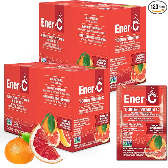 Ener-C Tangerine &amp Grapefruit Multivitamin Drink Mix 1000mg Vitamin C Non-GMO Vegan Real Fruit Juice Powders Natural Immunity Support Electrolytes Gluten Free 2-Packs of 30 (60 Count)