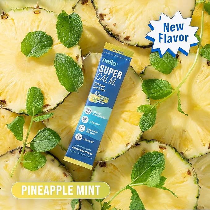 Nello Supercalm Powdered Drink Mix Cortisol Reducer* and Sleep Aid Supplement L Theanine Ksm-66 Ashwagandha Magnesium Glycinate Vitamin D 3 No Sugar Non GMO On The Go 20 Ct Pineapple Mint