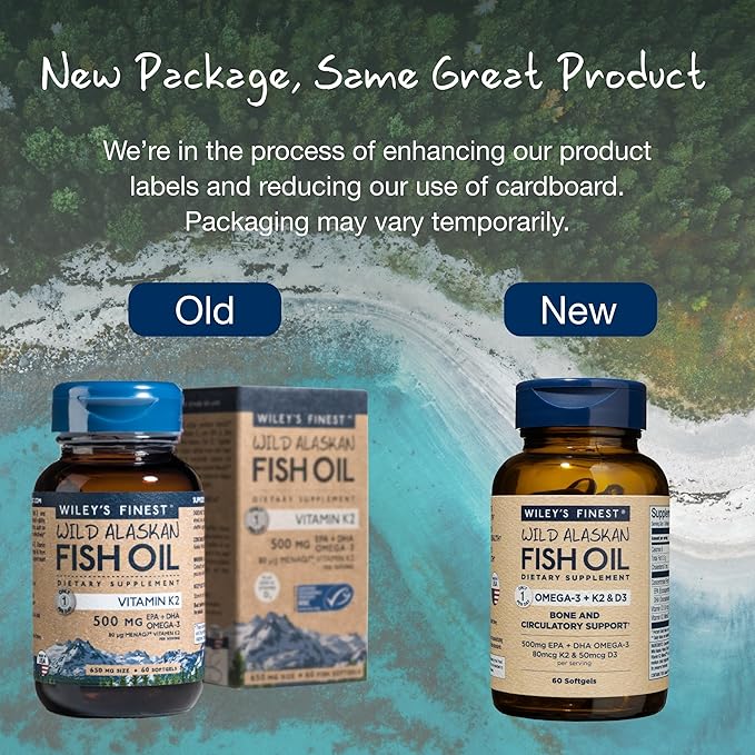 Wiley's Finest Wild Alaskan Fish Oil Vitamin K2 &amp D3 Softgels - 500mg of EPA and DHA Omega-3s for Bone and Heart Health Support - 60 Softgels (60 Servings)