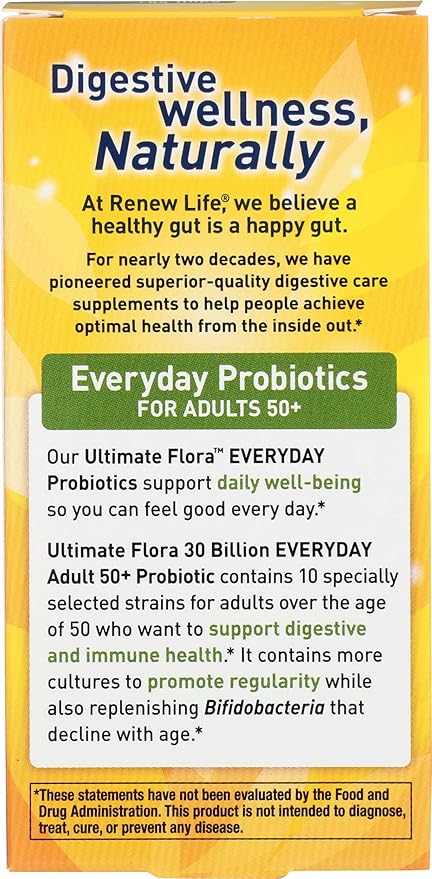 Renew Life Probiotic Adult 50 Plus Probiotic Capsules Daily Supplement Supports Urinary Digestive and Immune Health L. Rhamnosus GG Dairy Soy and gluten-free 30 Billion CFU 30 Count