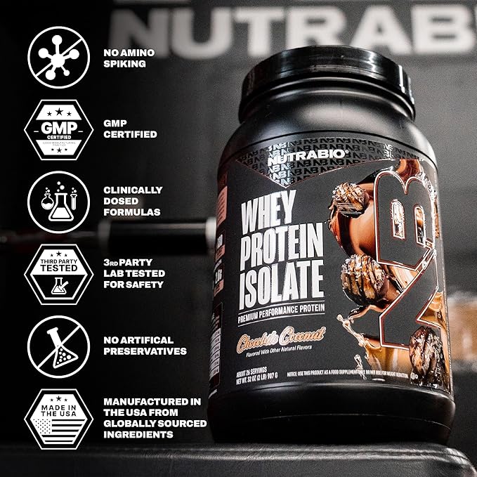 NutraBio 100% Whey Protein Isolate Protein Powder 25g Protein with Complete Amino Acid Profile Non-GMO Soy &amp Gluten Free Low Carb Low Calorie Whey Protein Powder Chocolate Coconut 2 Lbs