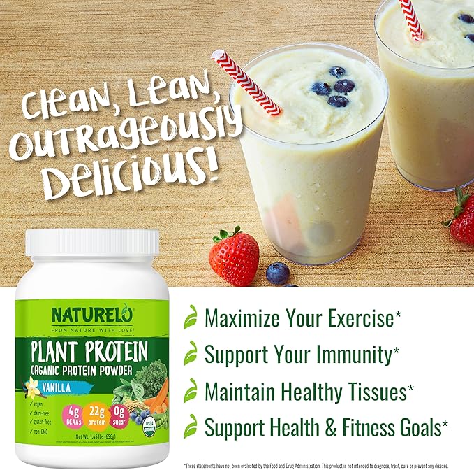 NATURELO Plant Protein Powder Vanilla 22g Protein - Non-GMO Vegan No Gluten Dairy or Soy - No Artificial Flavors Synthetic Coloring Preservatives or Additives - 20 Servings