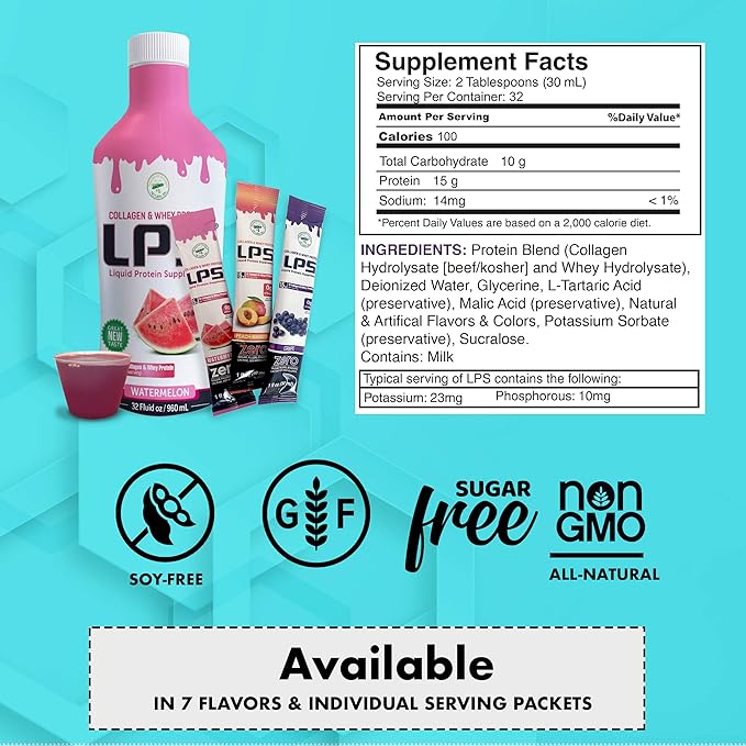 Lps Liquid Collagen &amp Whey Protein Supplement - Sugar-Free Dye-Free Non-Gmo Drink - Hydrolyzed Collagen &amp Whey Peptides Promotes Healthy Skin &amp Hair For Men &amp Women Watermelon 32 F