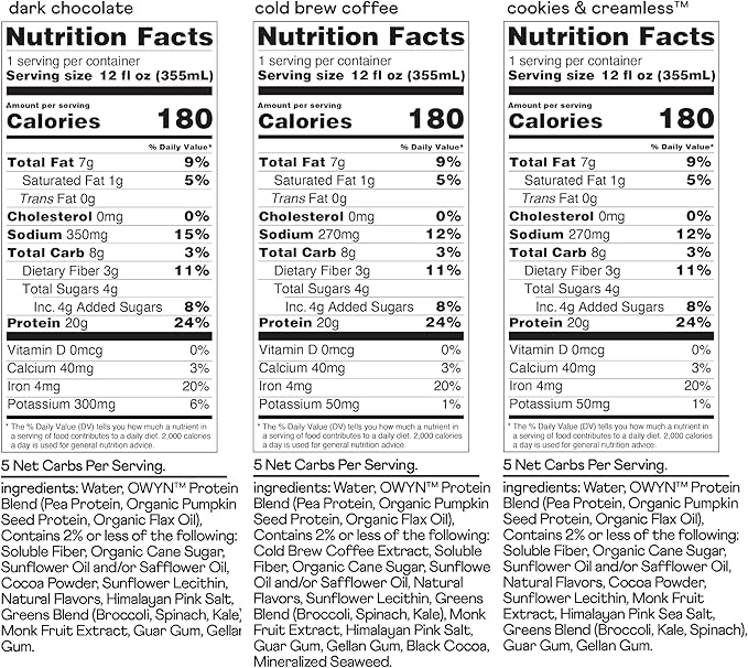 OWYN Only What You Need Protein Shake Variety Pack Dark Chocolate Cold Brew Coffee Cookies and Creamless 20g Protein 4g Sugar 3g Fiber Dairy Free Plant Based Protein Drink 12 CT