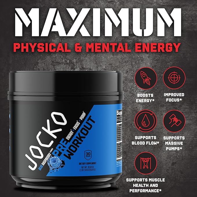 Jocko Fuel Ultimate Pre Workout Powder - Pre-Workout Energy Powder Drink for Men &amp Women - High Stim Sugar-Free Nootropic Blend to Support Muscle Pump Energy &amp Recovery 200mg Caffeine Blue R