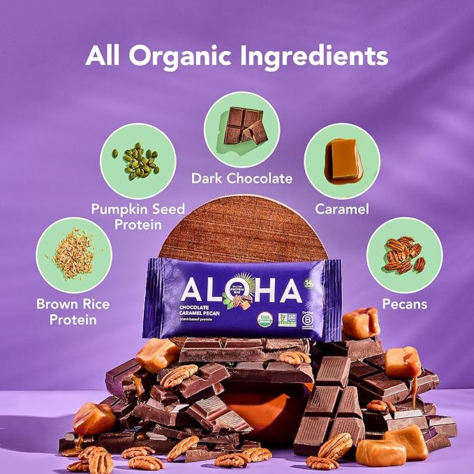 ALOHA Organic Plant Based Protein Bars | Chocolate Caramel Pecan | 12 Count 1.98oz Bars | Vegan Low Sugar Gluten Free Paleo Friendly Low Carb Non-GMO Stevia Free Soy Free No Sugar Alcohol Swe
