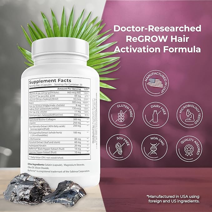 PUREHEALTH RESEARCH ReGrow - Hair Growth Vitamins - with Saw Palmetto Biotin Collagen Zinc Iron Iodine Selenium &amp More - Hair Supplements for Women &amp Men - 60 Capsules