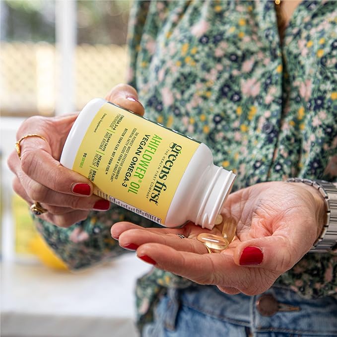 Greens First Ahiflower Oil Plant-Based Omega-3 Supplement – Vegan Omega-3 to Support Brain Immune Joint &amp Heart Health - Essential Fatty Acids - Gluten-Free/Dairy-Free/Soy-Free (90 Softgels)