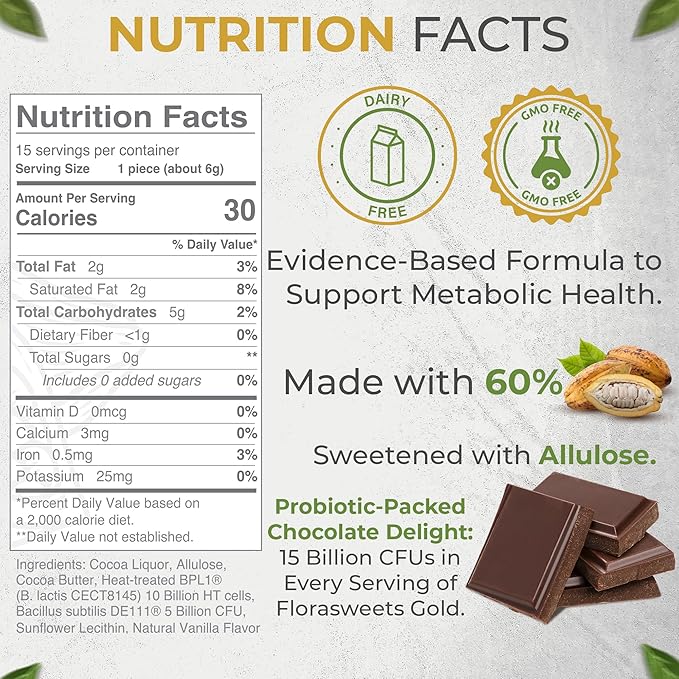 Florasweets Gold Chocolate Bites with Probiotic + Postbiotic Stains DE111 &amp BPL1 - Indivally Wrapped - Supports Digestive &amp Gut Health Bacillus subtilis (3)
