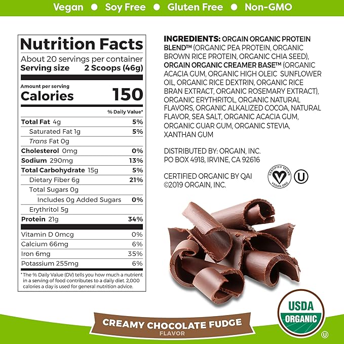 Orgain Organic Vegan Protein Powder + Greens Vanilla Bean - 21g Plant Based Protein Gluten Free Dairy Free Lactose Free Soy Free No Sugar Added With Iron &amp Prebiotics for Gut Health - 1.94l