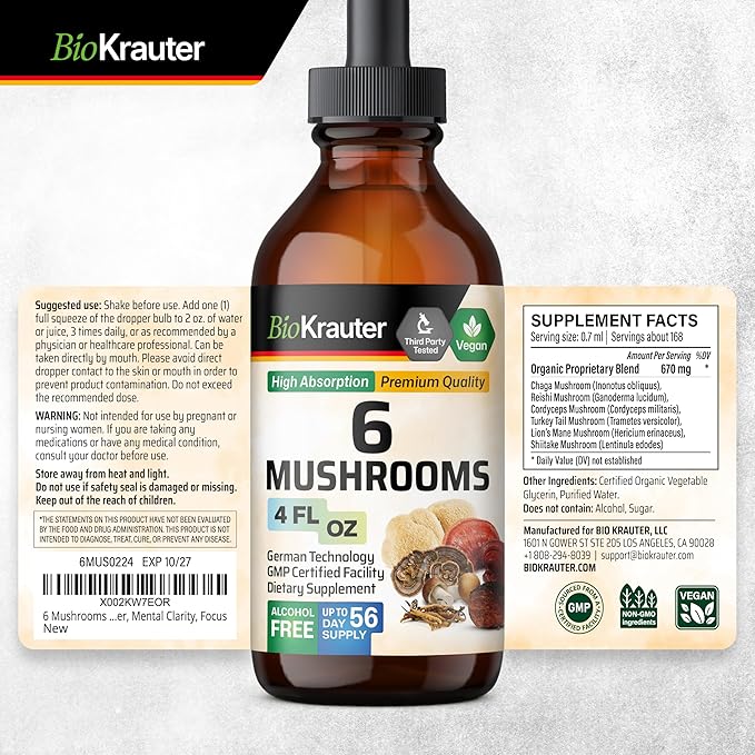 BIO KRAUTER CoQ10 90 Gummies &amp 6 Mushrooms Tincture 4 Fl. Oz.
