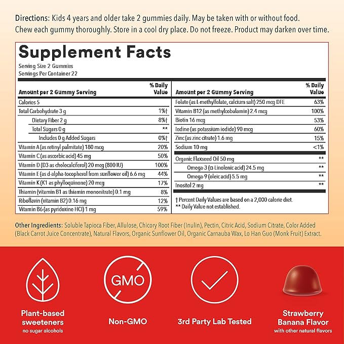 SmartyPants Organic Toddler Multivitamin Gummies: Probiotics Omega 3 (ALA) &amp Kids Multivitamin Gummies Sugar Free: Omega 3 (ALA) Vitamin D3 C Vitamin B12