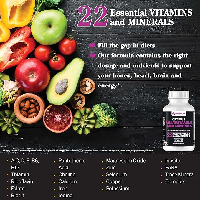 Multivitamin &amp Minerals One Tablet per Day Packed with 22 Essential – Immune Support | Energy Metabolism | Bone Health | Cognitive Support and More…– for Women &amp Men | 60 Count