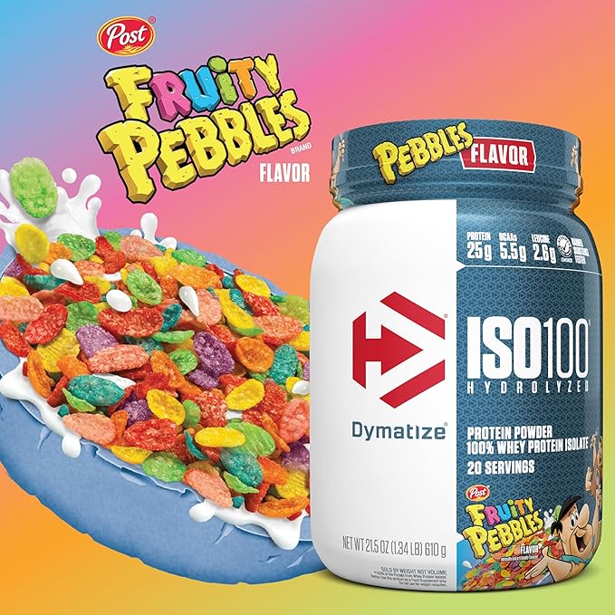 Dymatize x Fruity Pebbles ISO100 Whey Protein Powder Isolate 25g of Protein 20 Servings 5.5g BCAAs 120 Cal. Gluten Free 1g Fat 1g Sugar 2g Carb
