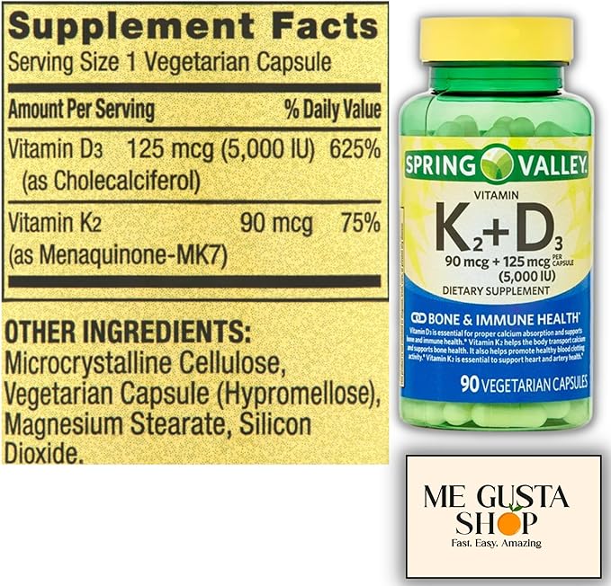 Spring Valley Vitamin K2 90mcg + D3 125mcg 90 Count Vegetarian Capsule + me Gusta Sticker