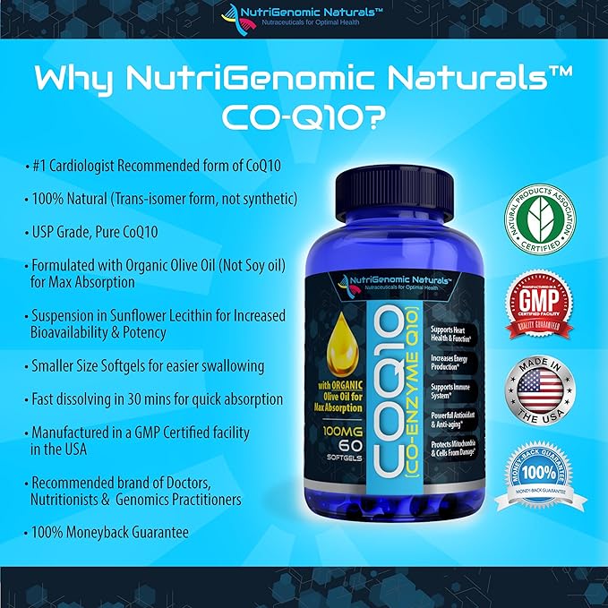 CoQ10 Coenzyme Q10 Highest Absorption with Organic Olive Oil 100mg 60 Softgels Ubiquinone Ubiquinol Supports Heart Health Increases Energy Pure Natural Effective