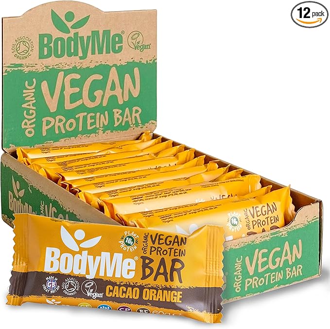 BodyMe Organic Vegan Protein Bar | Raw Cacao Orange | Box of 12 x 60g (2.12oz) | with 3 Plant Proteins