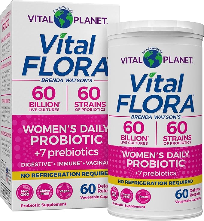 Vital Planet - Vital Flora Probiotics for Women 60 Billion CFU Diverse Strains Daily Shelf Stable Probiotic with Organic Prebiotics for Vaginal Support Immune and Digestive Health 60 Capsules