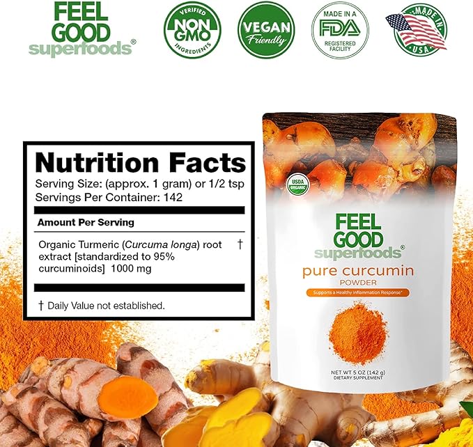 FEEL GOOD Superfoods Pure Curcumin Powder Organic Non-GMO Vegan from Bulk Ground Turmeric Root from India Curcuma Longa Joint Supplement 5 oz