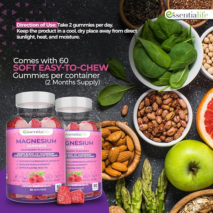 Magnesium Gummies 2 Packs Essentialife 100mg Per Serving - Blend of Magnesium Citrate &amp Magnesium Glycinate - Supports Healthy Digestion - Stay Calm &amp Energetic with Magnesium Supplements for