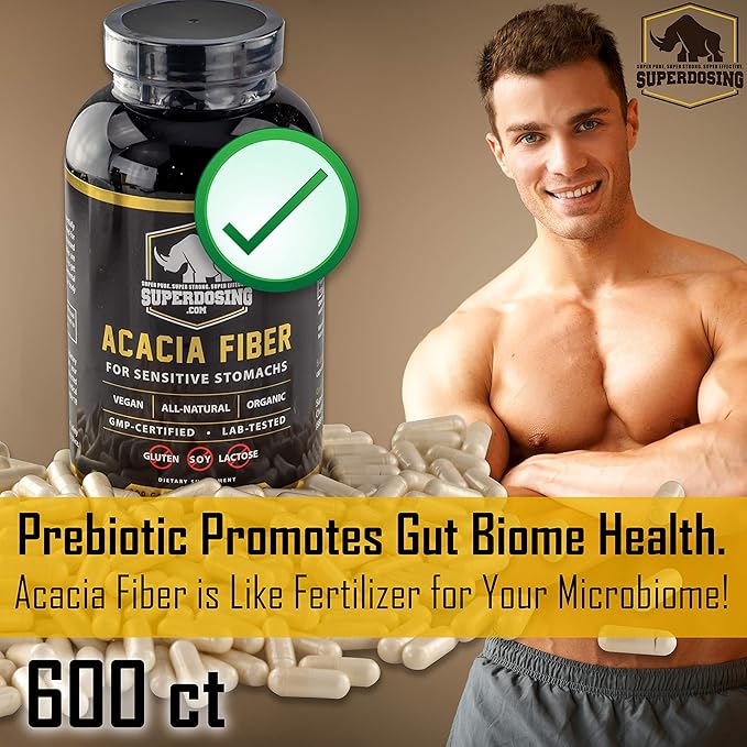 Fast Acting Organic Acacia Senegal Fiber Capsules 600pk. Natural Soluble Fiber Supplement Pill. Vegan Prebiotic Capsules.