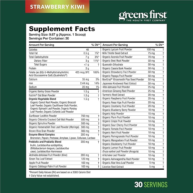 Greens First Original Greens Powder - 49 Superfoods - Organic Fruits &amp Veggies - Prebiotics Probiotics &amp Digestive Enzymes - Antioxidant - Dairy Free/Vegan/Non-GMO (Strawberry Kiwi 30 Servin