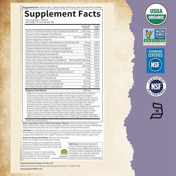 Garden of Life Prenatal Vitamins for Women Organics Folate for Energy &amp Healthy Fetal DevelopmentNon-constipating IronVitamin C B6 B12 D3Non-GMOGluten-Free Vegan 90 Day Supply (Pack of 2