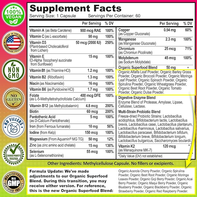Vegan Whole Food Multivitamin with Iron &amp Women’s Daily Multivitamin with Iron Organic Superfoods Probiotics &amp Digestive Enzymes Bundle – Vegan Non-GMO Clean Daily Wellness Support