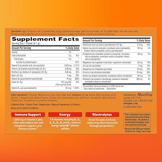 Emergen-C 1000mg Vitamin C Powder for Daily Immune Support Caffeine Free Vitamin C Supplements with Zinc and Manganese B Vitamins and Electrolytes Super Orange Flavor - 90 Count/3 Month Supply