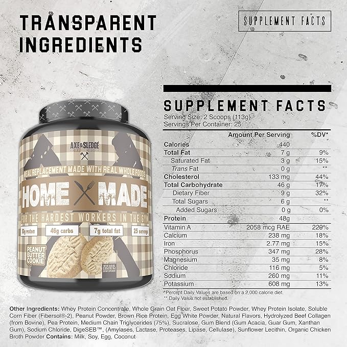 Axe &amp Sledge Supplements Home Made Whole-Foods-Based Meal Replacement Powder with Digestive Enzymes Protein Carbohydrates and Fats 25 servings (Peanut Butter Cookie)