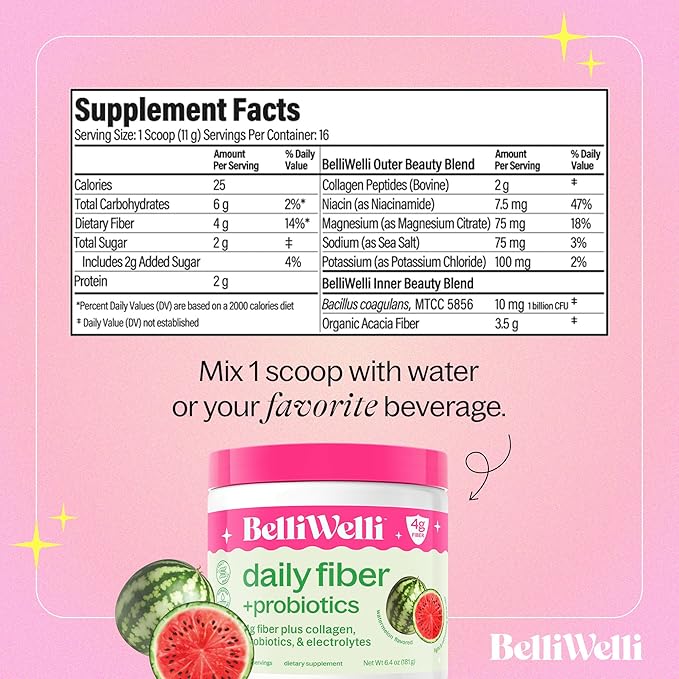 Belli Welli Daily Fiber Supplement Bundle with Collagen Probiotics &amp Electrolytes – Wild Berry &amp Watermelon Flavors – Supports Digestive Health Gut Balance &amp Debloating – 32 Servings Tot