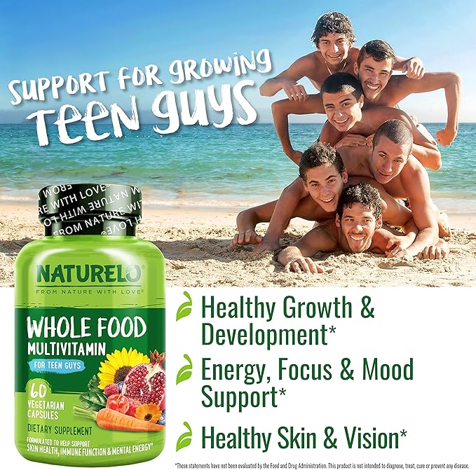 NATURELO Teen Multivitamin - Whole Food Multivitamin for Teenage Boys - Minerals Supplement for Active Kids - with Plant Extracts - Non-GMO - Vegan &amp Vegetarian - 60 Capsules (Pack of 2)