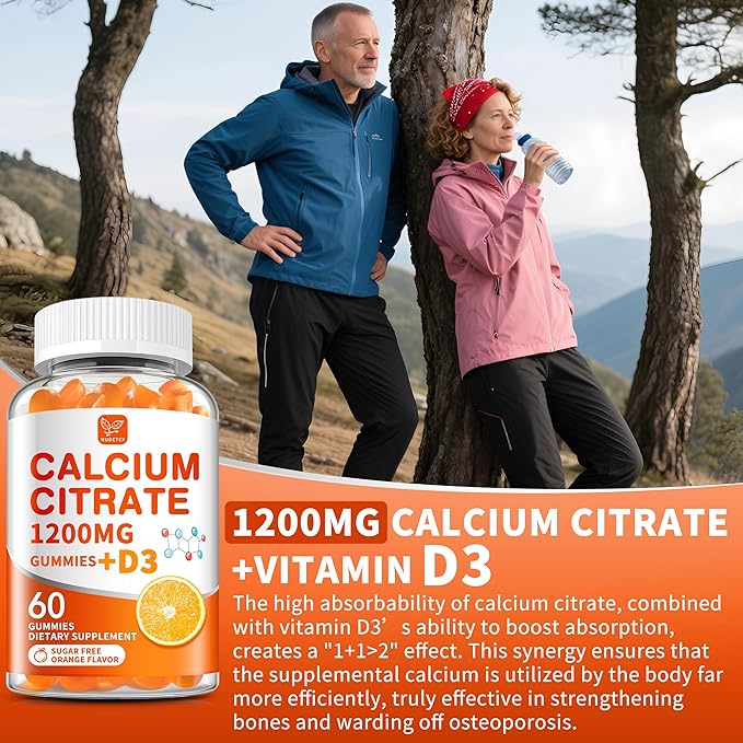 (2 Pack) Calcium Citrate 1200 mg with Vitamin D3 Gummies for Women &amp MenCalcium Supplements for Bone &amp Teeth SupportHigh Absorption - Easy to Digest Sugar FreeVeganOrange Flavor60 Day Su
