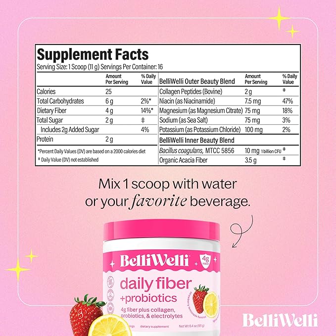 Belli Welli Daily Fiber Supplement Duo - Strawberry Lemonade &amp Cucumber Lime Mint - with Collagen Probiotics &amp Electrolytes - Refreshing Flavors for Balanced Wellness - 32 Total Servings