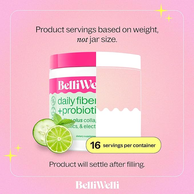 Belli Welli Daily Fiber Supplement Duo - Strawberry Lemonade &amp Cucumber Lime Mint - with Collagen Probiotics &amp Electrolytes - Refreshing Flavors for Balanced Wellness - 32 Total Servings
