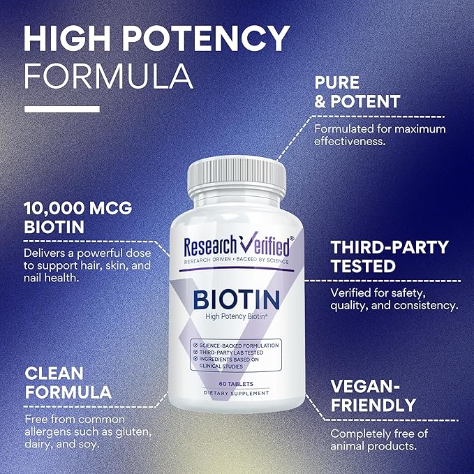 Research Verified Biotin – Pure Extra Strength Biotin 10000mcg – Hair Skin and Nails Vitamin – Third-Party Tested Made in USA - 360 Vegan Tablets