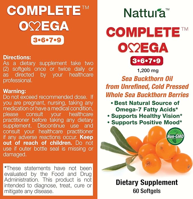 Nattura Complete Omega 3-6-7-9 Pure Sea Buckthorn Oil European Quality from Unrefined Cold Pressed Whole Sea Buckthorn Wild Berries - 1200mg - 2 Bottles